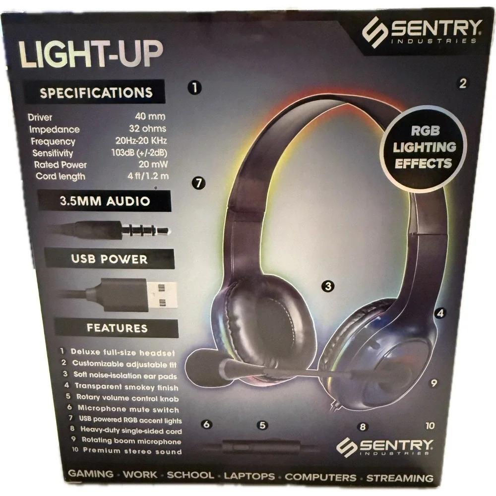Sentry RGB Light-Up Stereo Gaming Headset with Boom Mic Wired Over-Ear Headphone